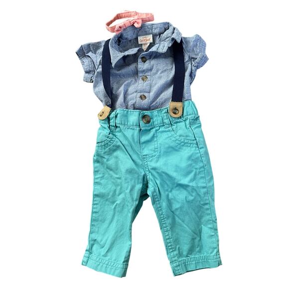 Baby 0-3M Outfit - Chambray Shirt, Aqua Pants, Suspenders, Pink Headband - Picture 1 of 1